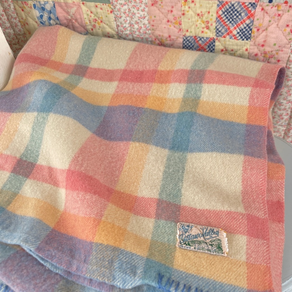 Vintage Pastel Plaid Blanket Wool